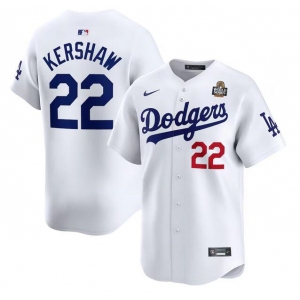 Men's Los Angeles Dodgers #22 Clayton Kershaw White 2024 World Series Home Limited Stitched Baseball Jersey