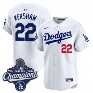 Men's Los Angeles Dodgers #22 Clayton Kershaw White 2025 Champions Stitched Baseball Jersey