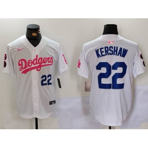 Men's Los Angeles Dodgers #22 Clayton Kershaw White Pink Vin & Kobe Patch Stitched Baseball Jersey 1