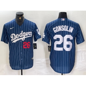 Mens Los Angeles Dodgers #26 Tony Gonsolin Navy Blue Pinstripe Stitched MLB Cool Base Nike Jersey