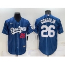 Men's Los Angeles Dodgers #26 Tony Gonsolin Number Red Navy Blue Pinstripe Stitched MLB Cool Base Nike Jersey