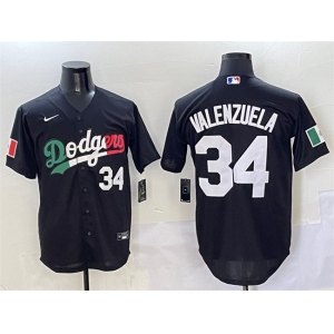 Men's Los Angeles Dodgers #34 Fernando Valenzuela Black Mexico Flag Cool Base Stitched Baseball Jersey