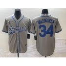 Men's Los Angeles Dodgers #34 Fernando Valenzuela Grey With Patch Cool Base Stitched Baseball Jersey1