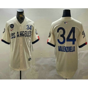 Men's Los Angeles Dodgers #34 Fernando Valenzuela Number Cream 2024 World Series City Connect Limited Stitched Jersey