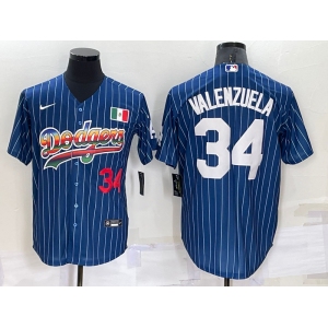 Men's Los Angeles Dodgers #34 Fernando Valenzuela Number Navy Blue Pinstripe 2020 World Series Cool Base Nike Jersey