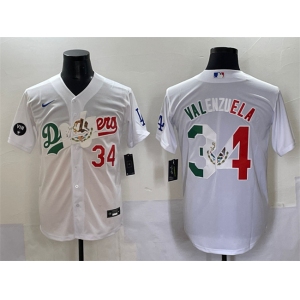 Men's Los Angeles Dodgers #34 Fernando Valenzuela White Mexico Special Vin Scully Patch Stitched Baseball Jersey