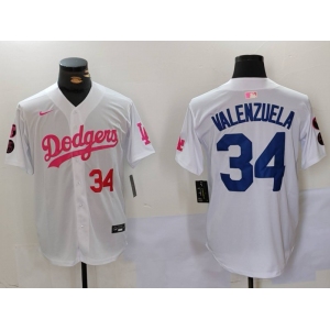 Men's Los Angeles Dodgers #34 Fernando Valenzuela White Pink Vin & Kobe Patch Stitched Baseball Jersey1