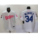 Men's Los Angeles Dodgers #34 Fernando Valenzuela White Pink Vin & Kobe Patch Stitched Baseball Jersey