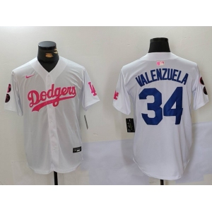 Men's Los Angeles Dodgers #34 Fernando Valenzuela White Pink Vin & Kobe Patch Stitched Baseball Jersey