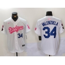 Men's Los Angeles Dodgers #34 Fernando Valenzuela White Pink Vin & Kobe Patch Stitched Baseball Jerseys