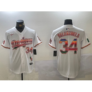 Men's Los Angeles Dodgers #34 Fernando Valenzuela White Rainbow Mexico Cool Base Stitched Fashion Jersey
