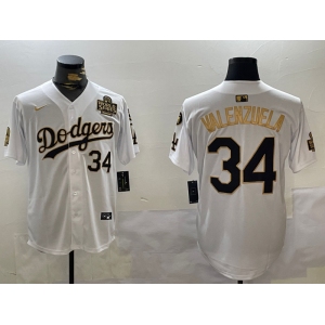 Mens Los Angeles Dodgers #34 Toro Valenzuela White Gold 2024 World Series With Fernando Memorial Patch Limited Stitched Baseball Jersey