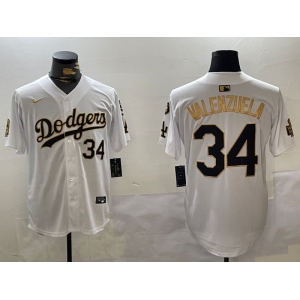 Men's Los Angeles Dodgers #34 Toro Valenzuela White Gold 2024 World Series With Fernando Memorial Patch Limited Stitched Baseball Jerseys