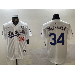 Men's Los Angeles Dodgers #34 Toro Valenzuela White Gold 2024 World Series With No. 34 Patch Home Limited Stitched Baseball Jersey