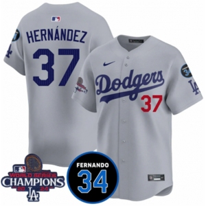 Men's Los Angeles Dodgers #37 Teoscar Hernandez Gray 2024 World Series Champions With Fernando Memorial Patch Vapor Premier Limited Stitched Baseball Jerse