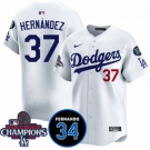 Men's Los Angeles Dodgers #37 Teoscar Hernandez White 2024 World Series Champions With Fernando Memorial Patch Vapor Premier Home Limited Stitched Baseball