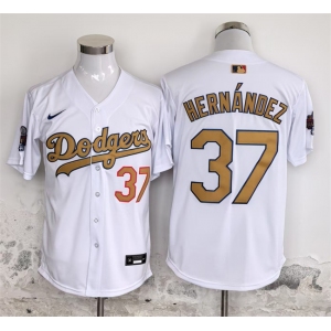 Men's Los Angeles Dodgers #37 Teoscar Hernández White Gold 2025 Cool Base Stitched Baseball Jersey