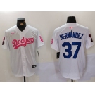 Men's Los Angeles Dodgers #37 Teoscar Hernández White Pink Vin & Kobe Patch Stitched Baseball Jersey