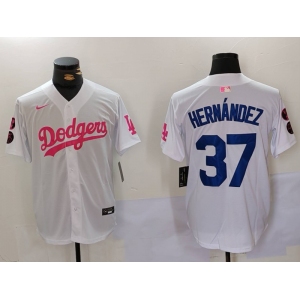 Men's Los Angeles Dodgers #37 Teoscar Hernández White Pink Vin & Kobe Patch Stitched Baseball Jersey