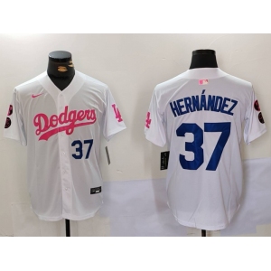 Men's Los Angeles Dodgers #37 Teoscar Hernández White Pink Vin & Kobe Patch Stitched Baseball Jerseys