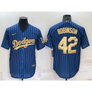 Men's Los Angeles Dodgers #42 Jackie Robinson Navy Blue Gold Pinstripe Stitched MLB Cool Base Nike Jersey