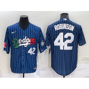 Men's Los Angeles Dodgers #42 Jackie Robinson Number Navy Blue Pinstripe 2020 World Series Cool Base Nike Jersey