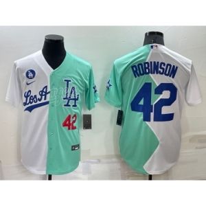 Mens Los Angeles Dodgers #42 Jackie Robinson White Green Number 2022 Celebrity Softball Game Cool Base Jersey