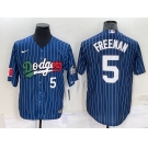 Mens Los Angeles Dodgers #5 Freddie Freeman Number Navy Blue Pinstripe 2020 World Series Cool Base Nike Jersey