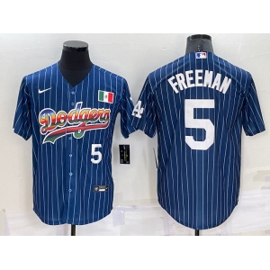 Mens Los Angeles Dodgers #5 Freddie Freeman Number Rainbow Blue Red Pinstripe Mexico Cool Base Nike Jersey