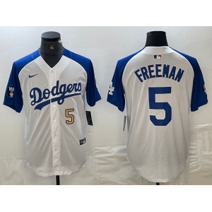 Mens Los Angeles Dodgers #5 Freddie Freeman Number White Blue Fashion Stitched Cool Base Limited Jersey