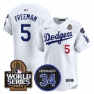 Men's Los Angeles Dodgers #5 Freddie Freeman White 2024 World Series With Fernando Memorial Patch Limited Stitched Baseball Jersey