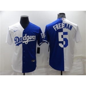 Mens Los Angeles Dodgers #5 Freddie Freeman White Blue Split Cool Base Stitched Baseball Jersey