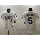 Men's Los Angeles Dodgers #5 Freddie Freeman White Gold 2024 World Series With Fernando Memorial Patch Home Limited Stitched Baseball Jersey