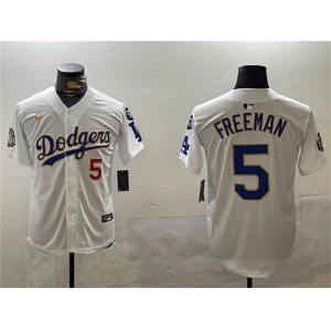 Men's Los Angeles Dodgers #5 Freddie Freeman White Gold 2024 World Series With Fernando Memorial Patch Home Limited Stitched Baseball Jersey