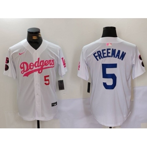 Men's Los Angeles Dodgers #5 Freddie Freeman White Pink Vin & Kobe Patch Stitched Baseball Jerseys