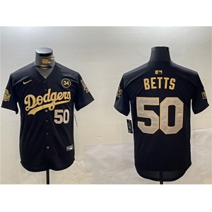 Men's Los Angeles Dodgers #50 Mookie Betts Black Gold 2024 World Series With No. 34 Patch Limited Stitched Baseball Jersey