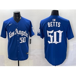 Men's Los Angeles Dodgers #50 Mookie Betts Blue 2025 LA Gothic Style With Fernando Patch Vapor Premier Limited Stitched Baseball Jersey