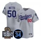 Men's Los Angeles Dodgers #50 Mookie Betts Grey 2024 World Series With Fernando Memorial Patch Limited Stitched Baseball Jersey