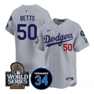 Men's Los Angeles Dodgers #50 Mookie Betts Grey 2024 World Series With Fernando Memorial Patch Limited Stitched Baseball Jersey