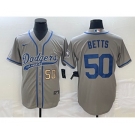 Men's Los Angeles Dodgers #50 Mookie Betts Number Grey With Patch Cool Base Stitched Baseball Jersey