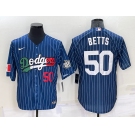 Mens Los Angeles Dodgers #50 Mookie Betts Number Navy Blue Pinstripe 2020 World Series Cool Base Nike Jersey