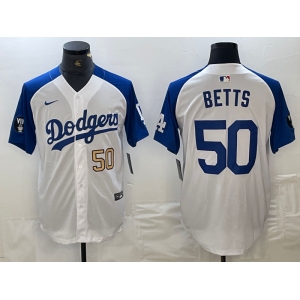 Mens Los Angeles Dodgers #50 Mookie Betts Number White Blue Fashion Stitched Cool Base Limited Jersey