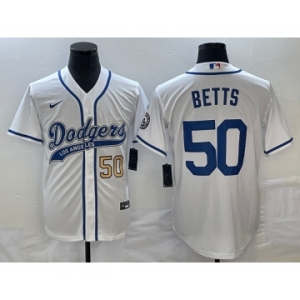 Men's Los Angeles Dodgers #50 Mookie Betts Number White With Patch Cool Base Stitched Baseball Jersey