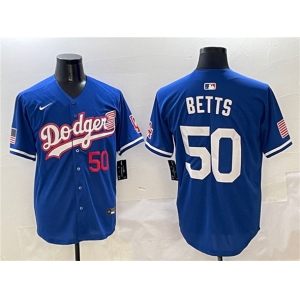 Men's Los Angeles Dodgers #50 Mookie Betts Royal With American Flag Patch Limited Stitched Baseball Jersey