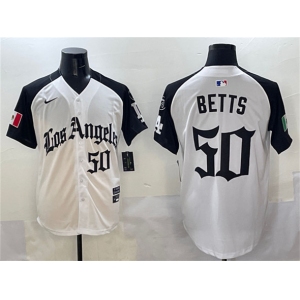 Men's Los Angeles Dodgers #50 Mookie Betts White Black Mexico 2025 LA Gothic Style With Fernando Patch Vapor Premier Limited Stitched Baseball Jersey