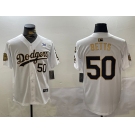 Mens Los Angeles Dodgers #50 Mookie Betts White Gold 2024 World Series With Fernando Memorial Patch Limited Stitched Baseball Jersey