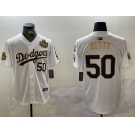 Men's Los Angeles Dodgers #50 Mookie Betts White Gold 2024 World Series With Fernando Memorial Patch Limited Stitched Baseball Jerseys