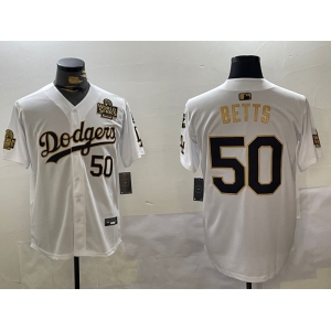 Men's Los Angeles Dodgers #50 Mookie Betts White Gold 2024 World Series With Fernando Memorial Patch Limited Stitched Baseball Jerseys
