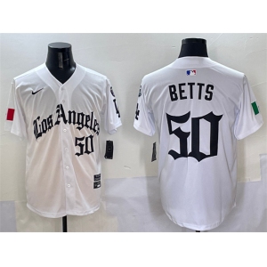 Men's Los Angeles Dodgers #50 Mookie Betts White Mexico 2025 LA Gothic Style With Fernando Patch Vapor Premier Limited Stitched Baseball Jersey