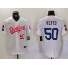 Men's Los Angeles Dodgers #50 Mookie Betts White Pink Vin & Kobe Patch Stitched Baseball Jersey